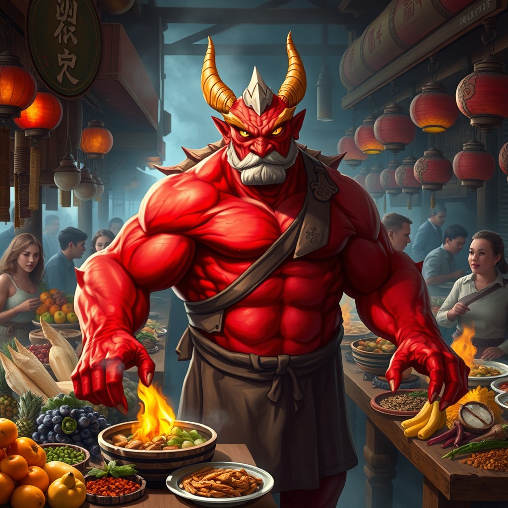 A strong male dragonborn chef with vibrant red skin and large, muscular build proudly operating a bustling market food stall