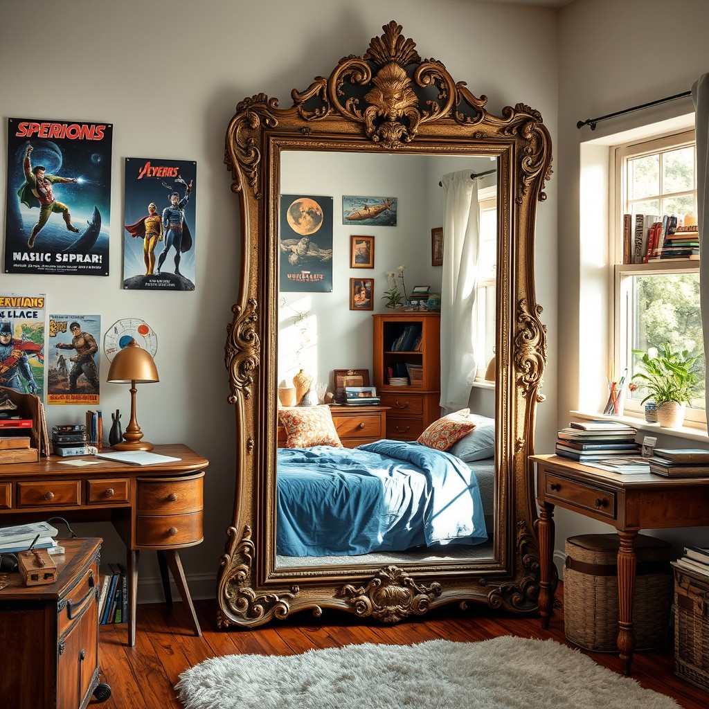 A realistic looking antique mirror in a boy's bedroom, reflecting the soft afternoon light
