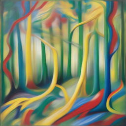 A hybrid of abstract and surreal art, featuring a forest bursting with shades of yellow, green, blue, and red, bent and twisted in a dreamlike form