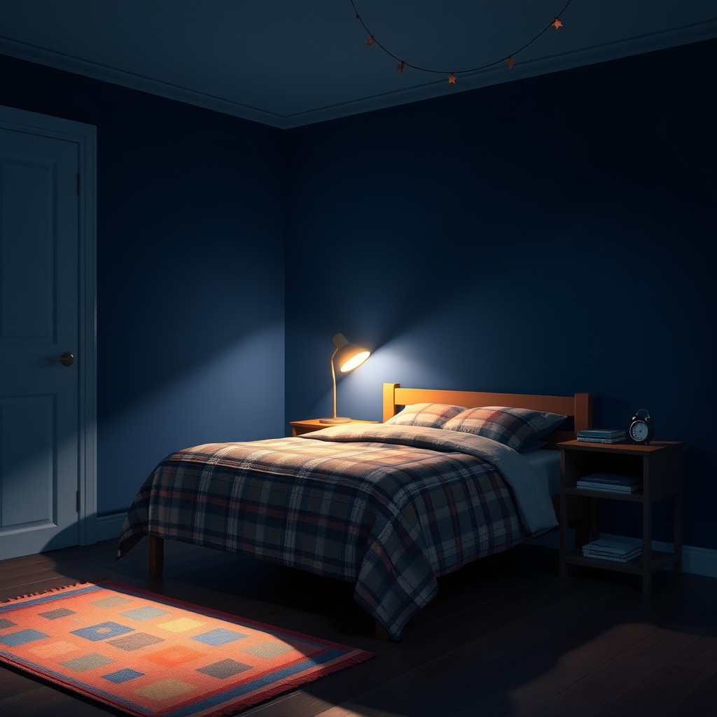 A realistic looking boy's bedroom at night, softly illuminated by a night lamp