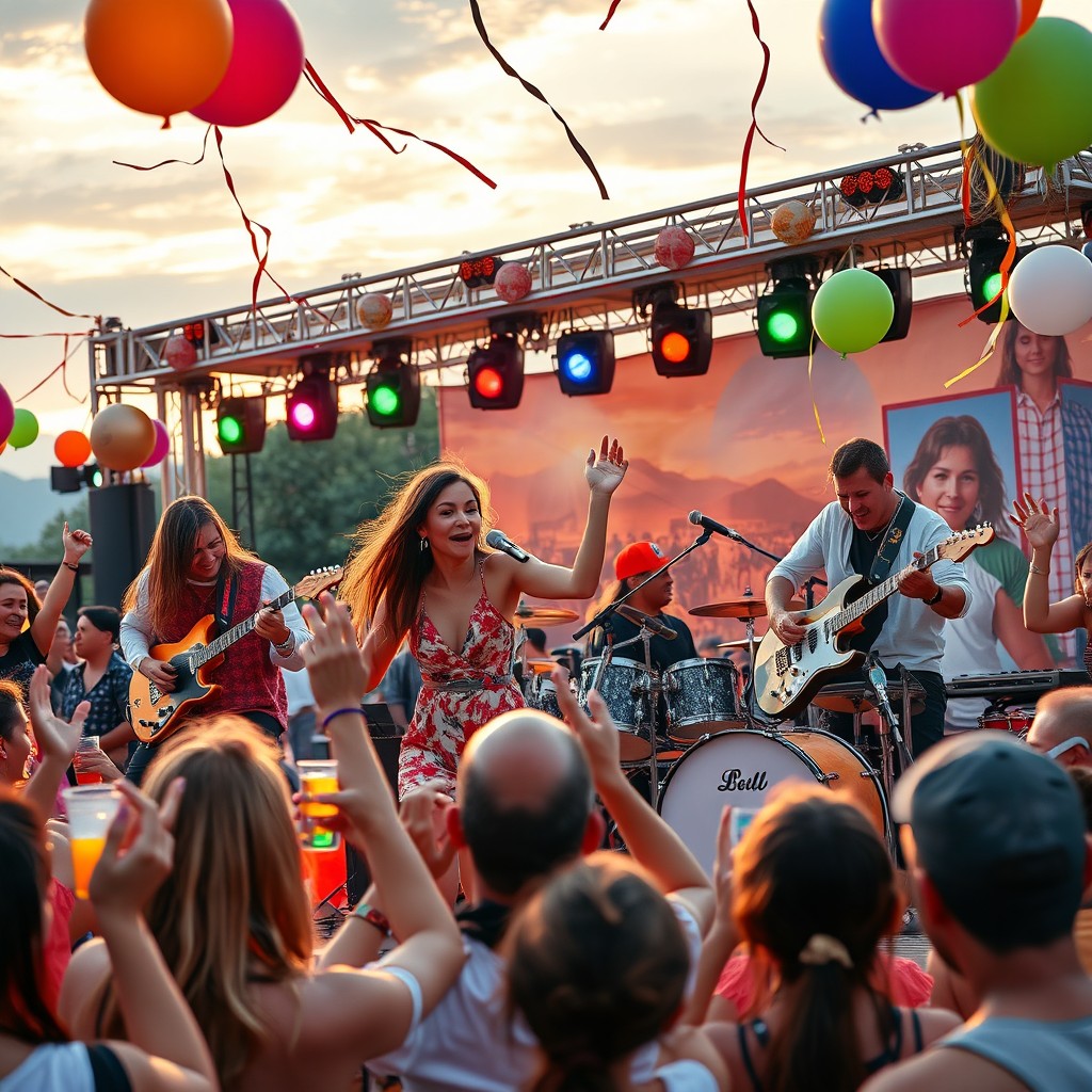 A vibrant and lively musical scene featuring a group of diverse musicians passionately performing at an outdoor festival