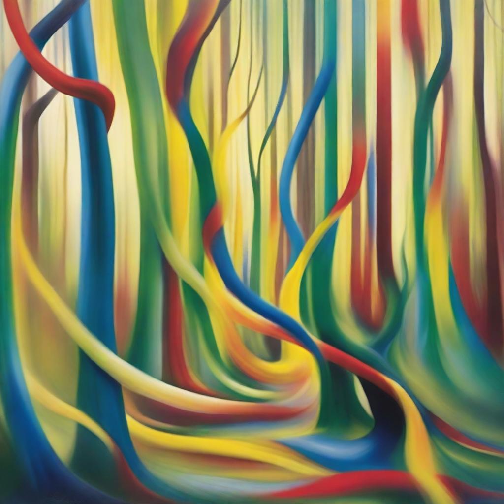 A hybrid of abstract and surreal art, featuring a forest bursting with shades of yellow, green, blue, and red, bent and twisted in a dreamlike form