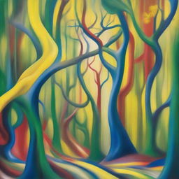 A hybrid of abstract and surreal art, featuring a forest bursting with shades of yellow, green, blue, and red, bent and twisted in a dreamlike form