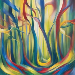 A hybrid of abstract and surreal art, featuring a forest bursting with shades of yellow, green, blue, and red, bent and twisted in a dreamlike form