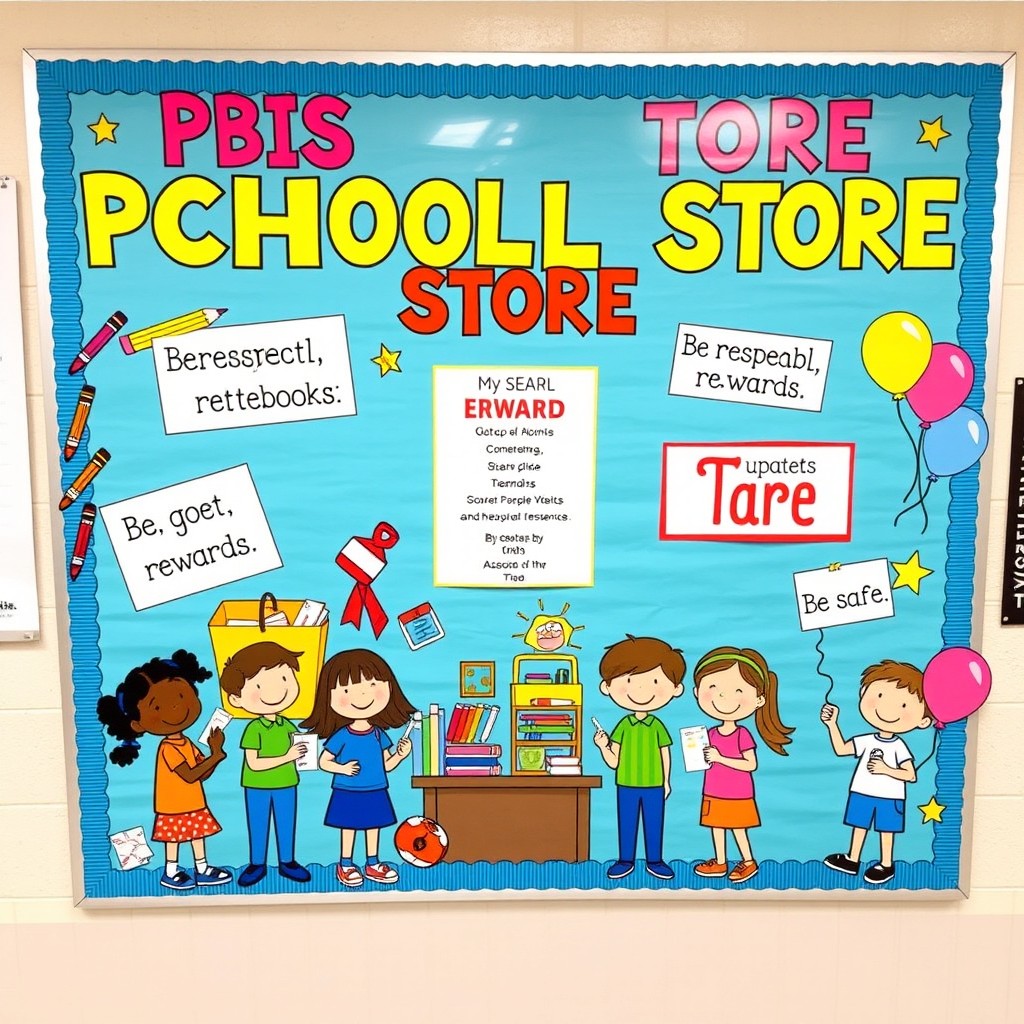 A colorful and engaging bulletin board design for a PBIS (Positive Behavioral Interventions and Supports) School Store