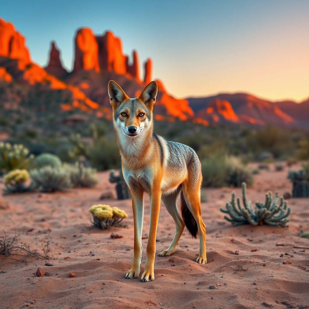 A majestic coyote standing in a beautiful desert landscape at sunset