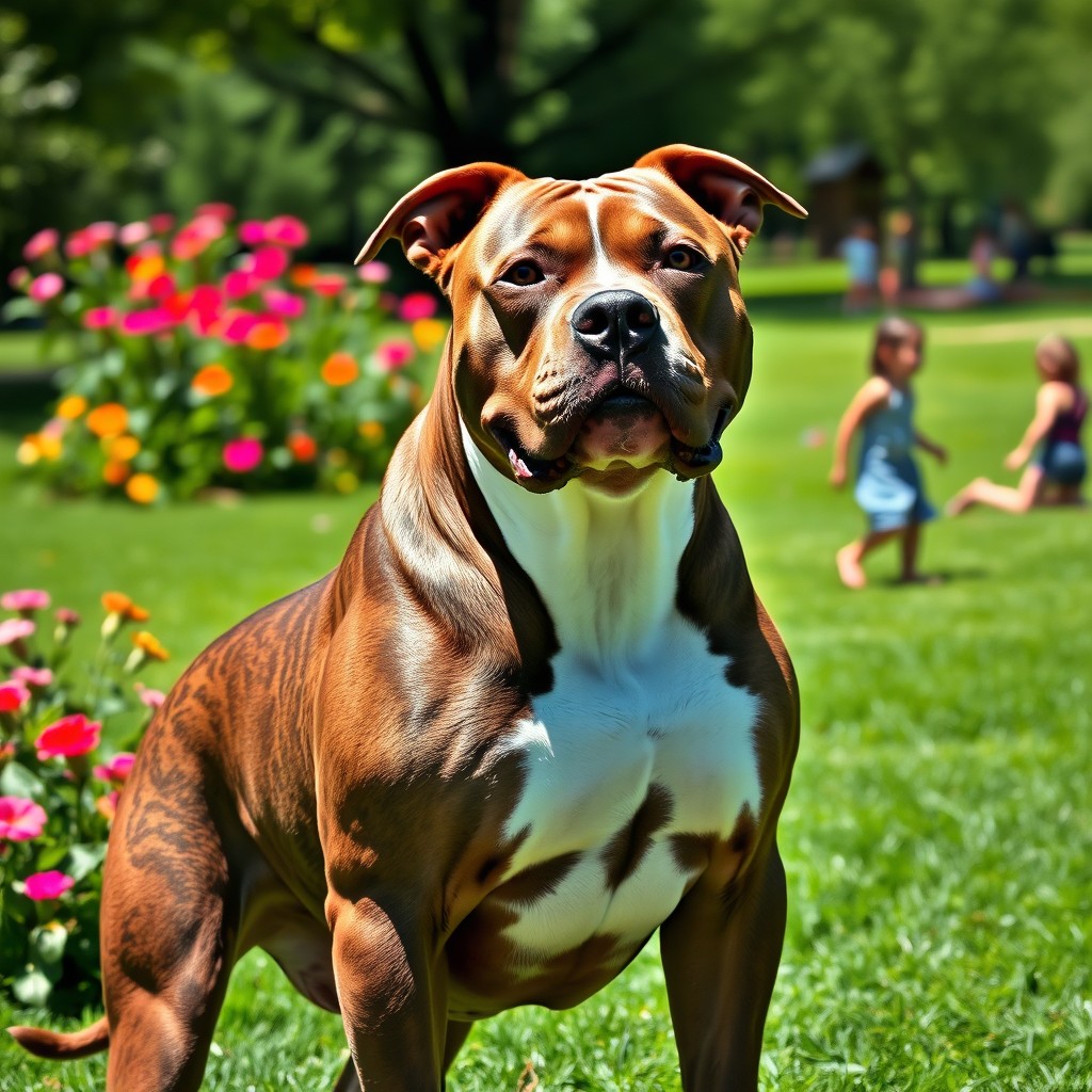 A muscular and powerful pit bull standing proudly in a lush green park, showcasing its impressive physique and attentive expression