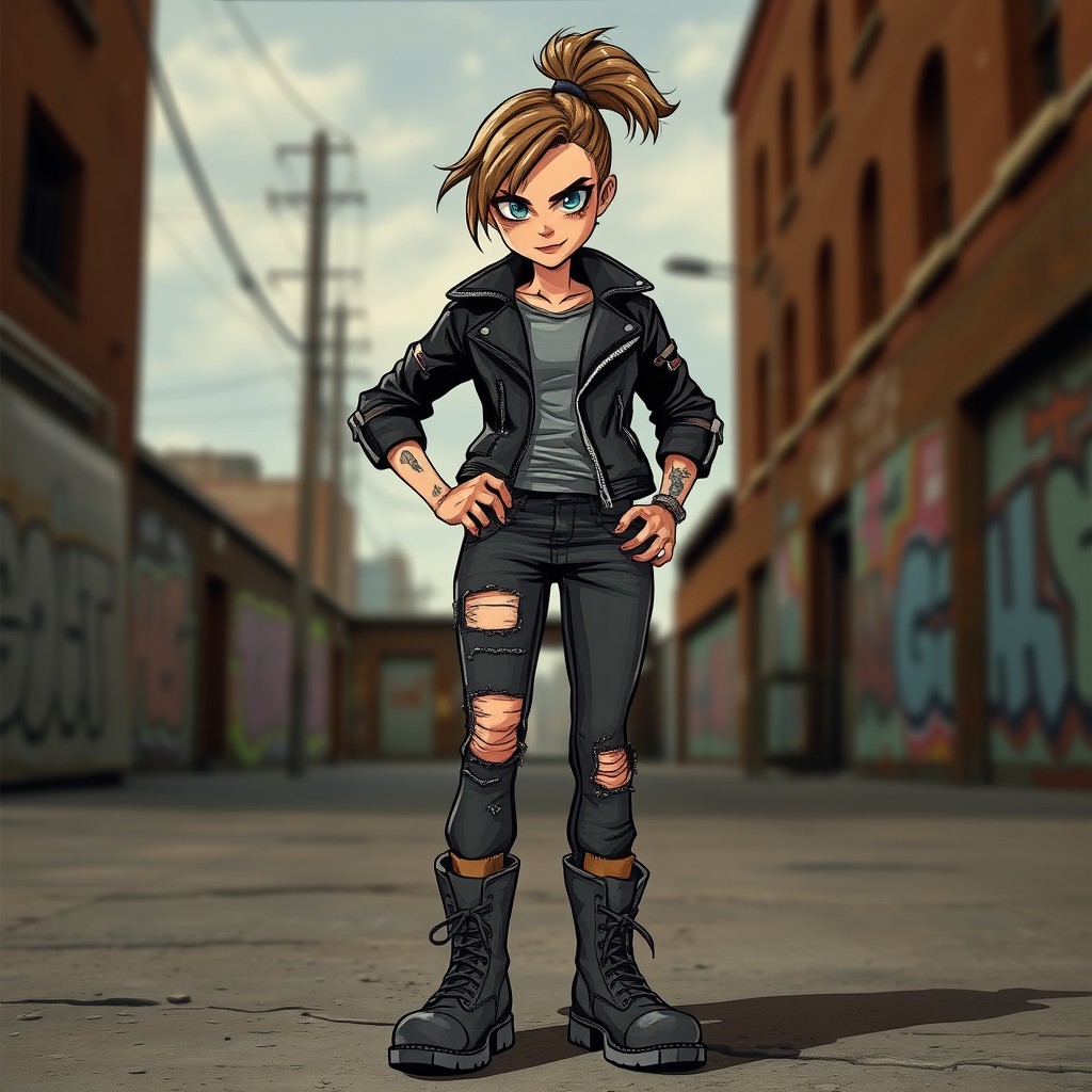 A tough girl standing confidently with a fierce expression, wearing a leather jacket, ripped jeans, and combat boots