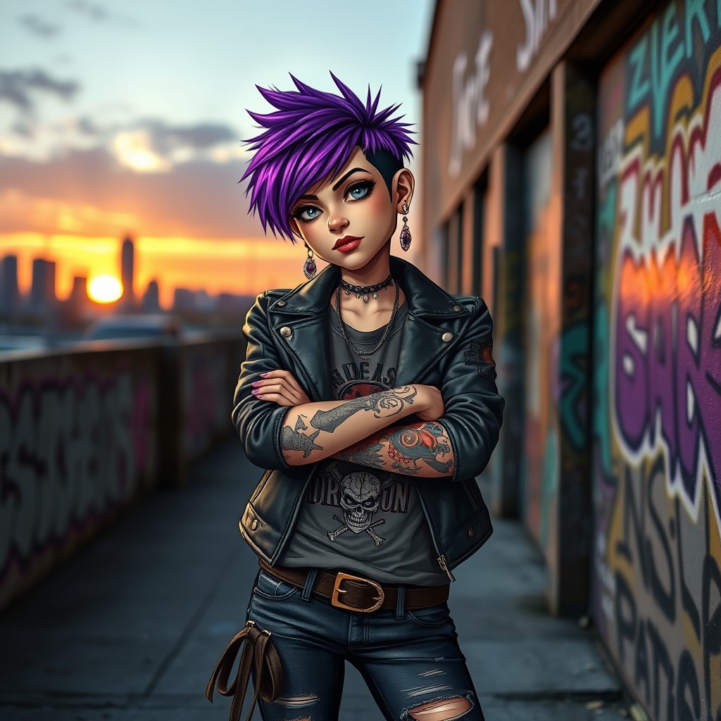A tough girl with a confident expression, standing in an urban setting