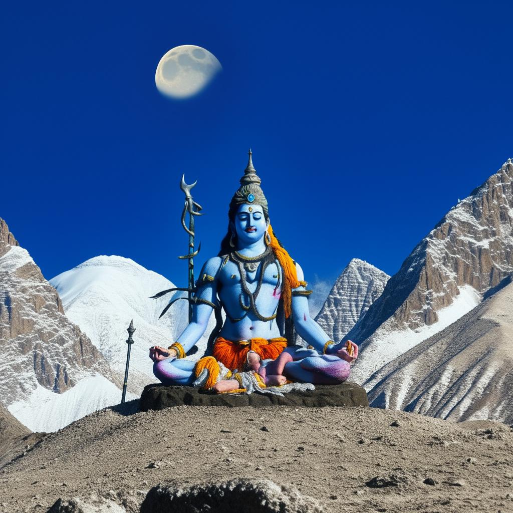 Portrait of Lord Shiva, the Hindu god of destruction and rejuvenation, meditating beneath a crescent moon on Mount Kailash, surrounded by blue sky and snow-capped Himalayan mountains, holding a trident.