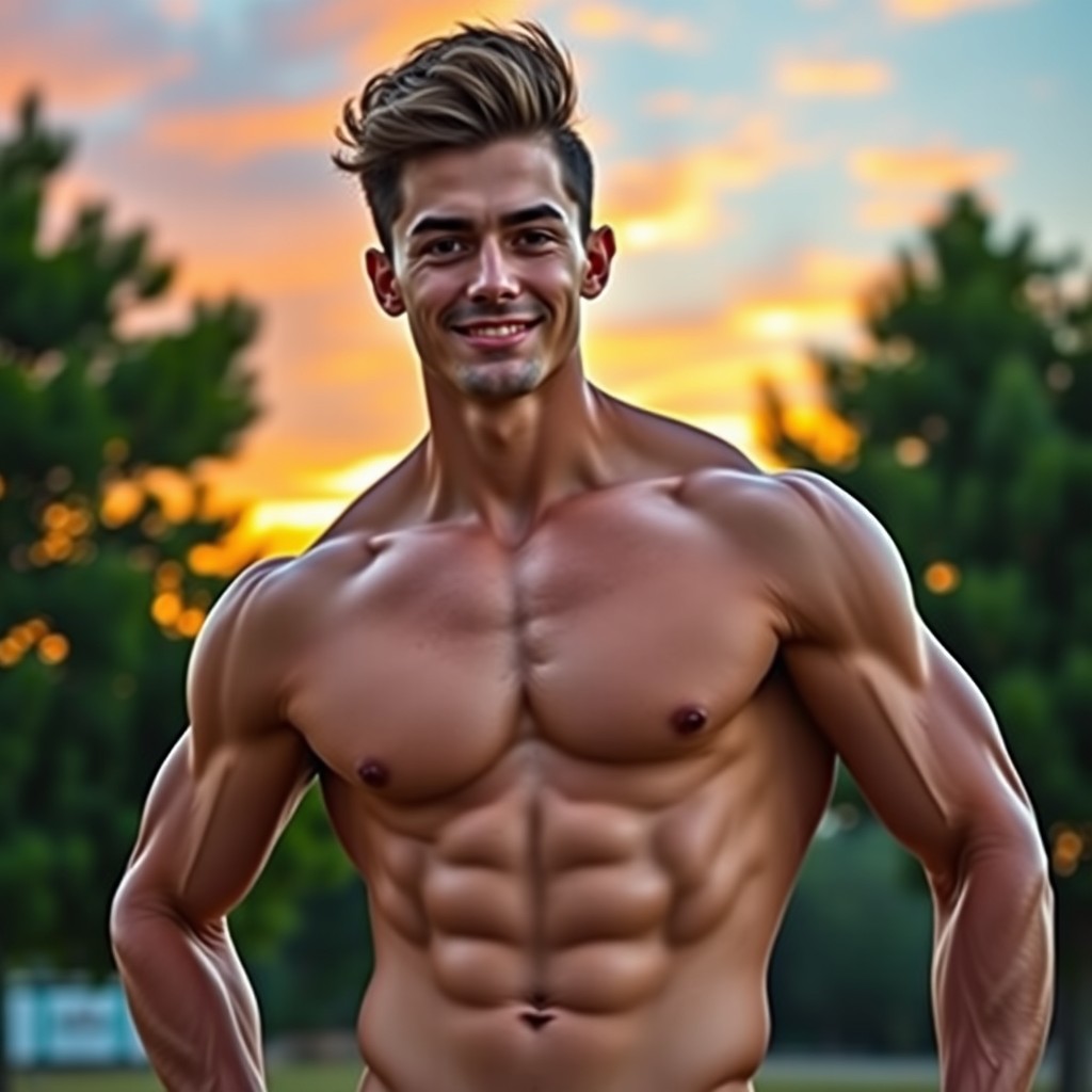 A muscular young man with a confident expression, posing outdoors with a beautiful sunset background