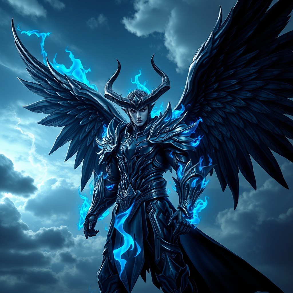 A fallen angel warrior with majestic dark wings that are elegantly shaped, sporting sharp, curved horns on their head