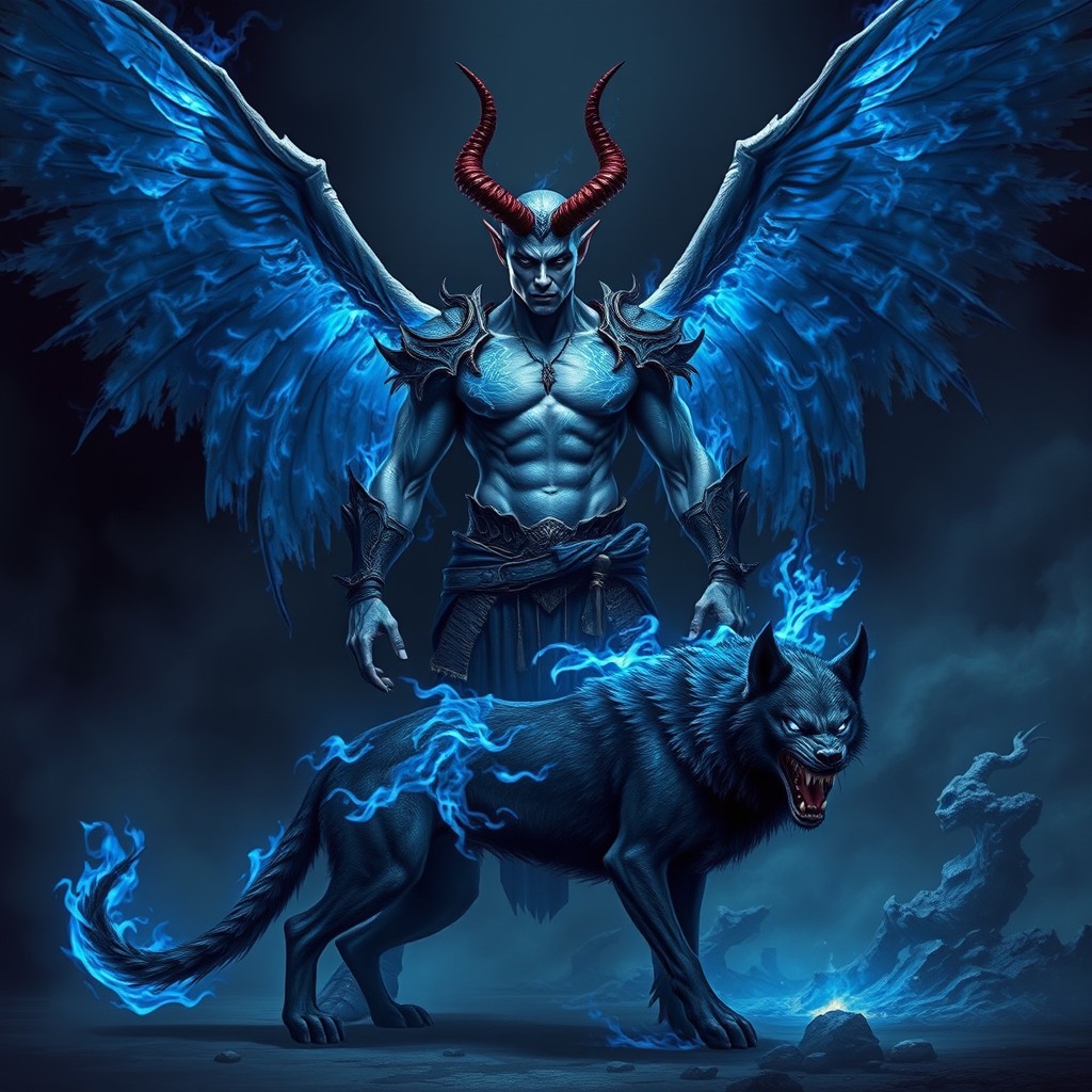 A fallen angel demonic warrior with striking devil horns and majestic angelic wings stands powerful and imposing