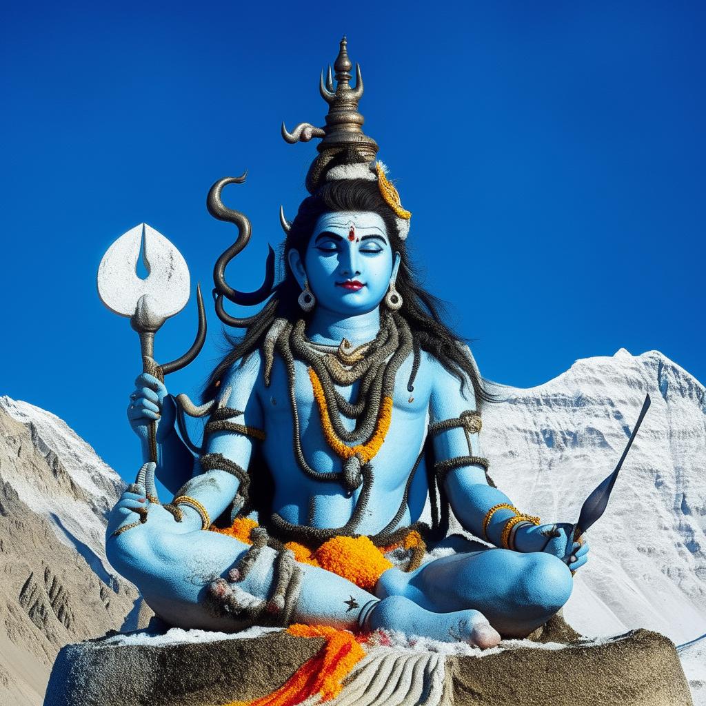 Portrait of Lord Shiva, the Hindu god of destruction and rejuvenation, meditating beneath a crescent moon on Mount Kailash, surrounded by blue sky and snow-capped Himalayan mountains, holding a trident.