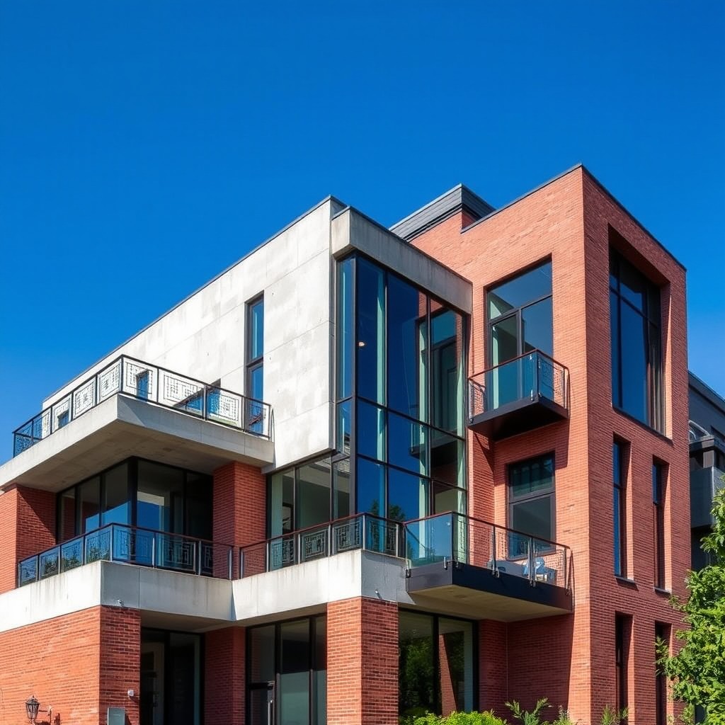 A stunning architectural scene showcasing a modern building constructed with a combination of concrete, bricks, iron, and glass