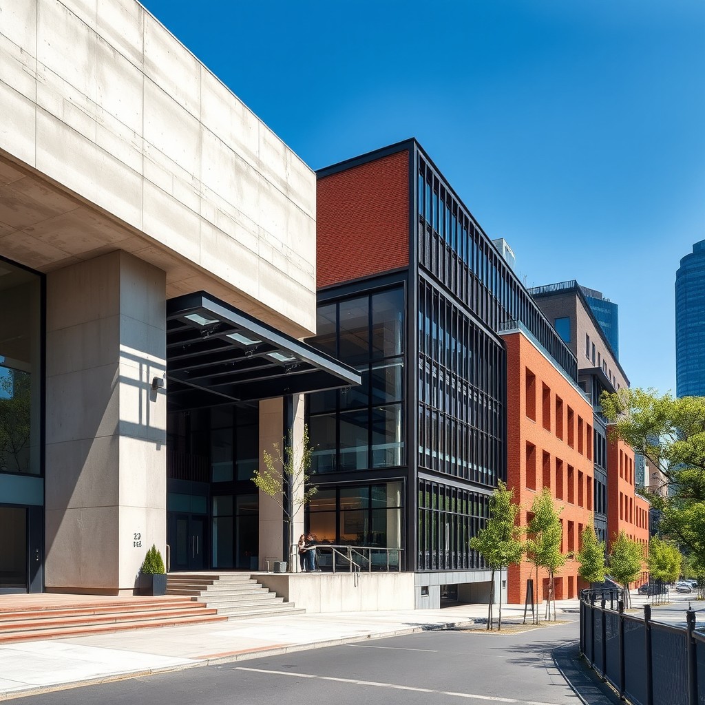 A contemporary urban architectural scene featuring a striking combination of materials: smooth concrete walls, traditional red bricks, sleek iron structures, and large, elegant glass windows