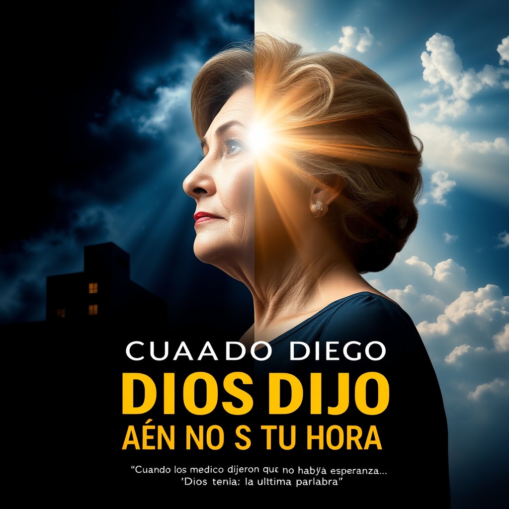 A visually striking book cover design for a dramatic story titled 'CUANDO DIOS DIJO: AÚN NO ES TU HORA', featuring a powerful image of an elegant woman in her 50s, standing tall and looking towards a radiant light breaking through clouds above