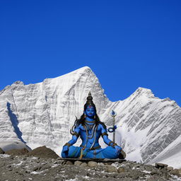 Portrait of Lord Shiva, the Hindu god of destruction and rejuvenation, meditating beneath a crescent moon on Mount Kailash, surrounded by blue sky and snow-capped Himalayan mountains, holding a trident.