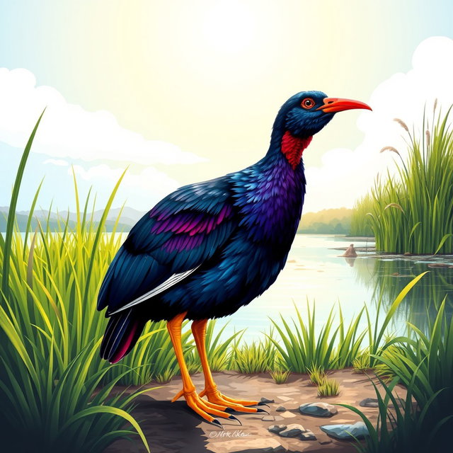 A vibrant and detailed illustration of a pukeko in its natural habitat