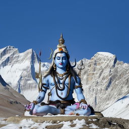 Portrait of Lord Shiva, the Hindu god of destruction and rejuvenation, meditating beneath a crescent moon on Mount Kailash, surrounded by blue sky and snow-capped Himalayan mountains, holding a trident.