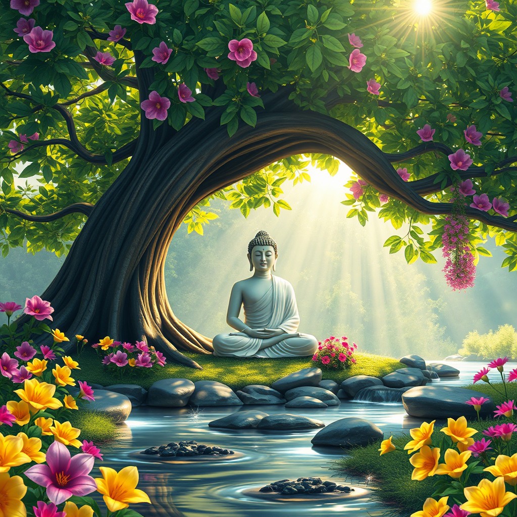 A serene scene depicting the Buddha sitting peacefully under a large Bodhi tree