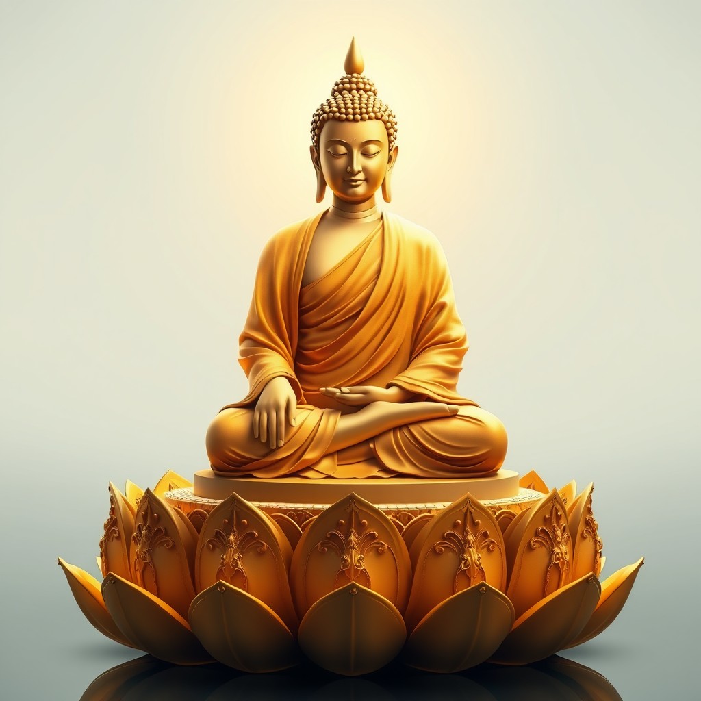 A serene depiction of Buddha sitting gracefully on a radiant lotus pedestal, intricately adorned with golden carvings symbolizing purity and enlightenment