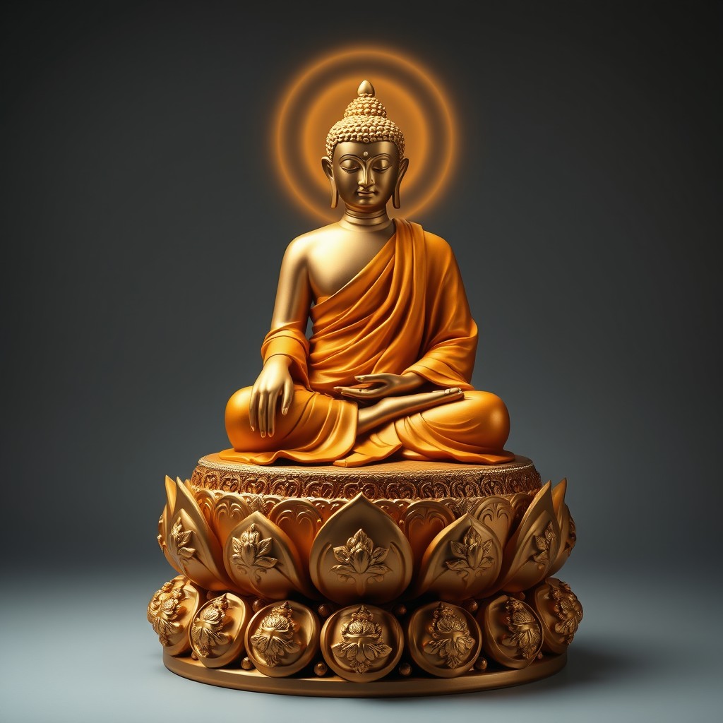 The Buddha sits gracefully upon a radiant lotus pedestal adorned with intricate golden carvings, symbolizing purity and enlightenment
