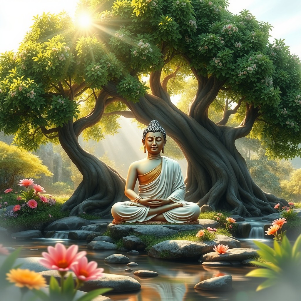 A beautifully detailed digital artwork of the Buddha meditating beneath a majestic Bodhi tree