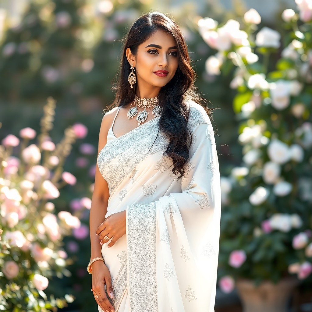 A stunning white saree with intricate silver embroidery, draped elegantly on a beautiful woman standing gracefully