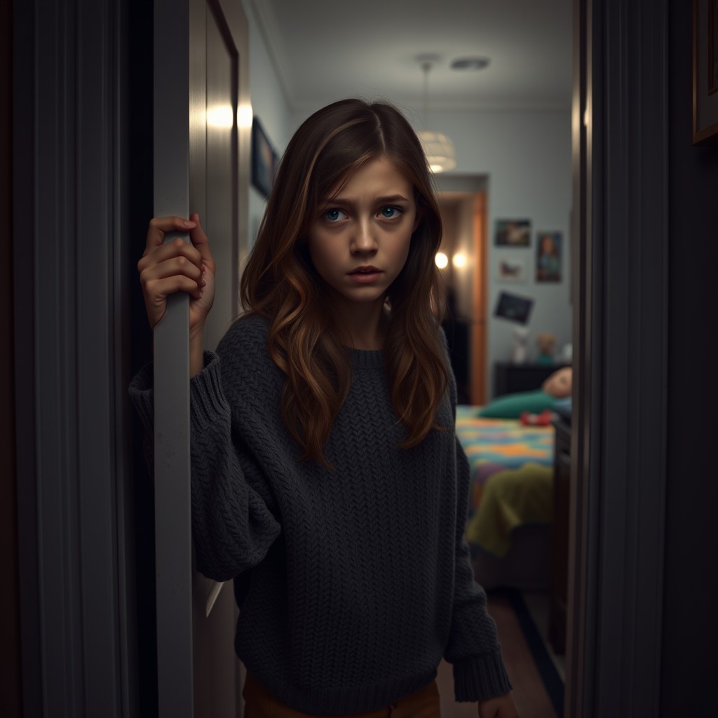 A realistic looking scene of a 13-year-old girl standing in the doorway of her bedroom, her expression showing fear