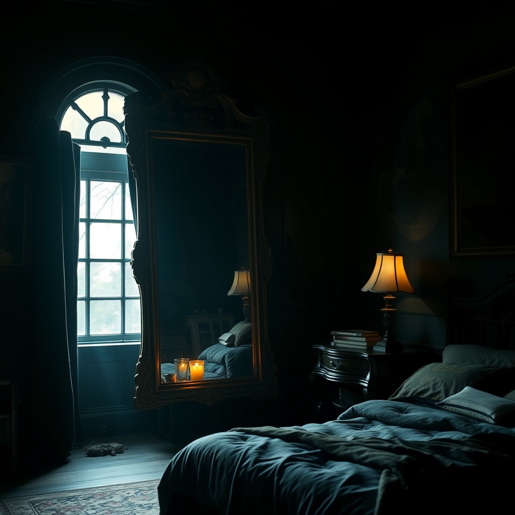 An enchanting scene of an old, large mirror in a dimly lit bedroom