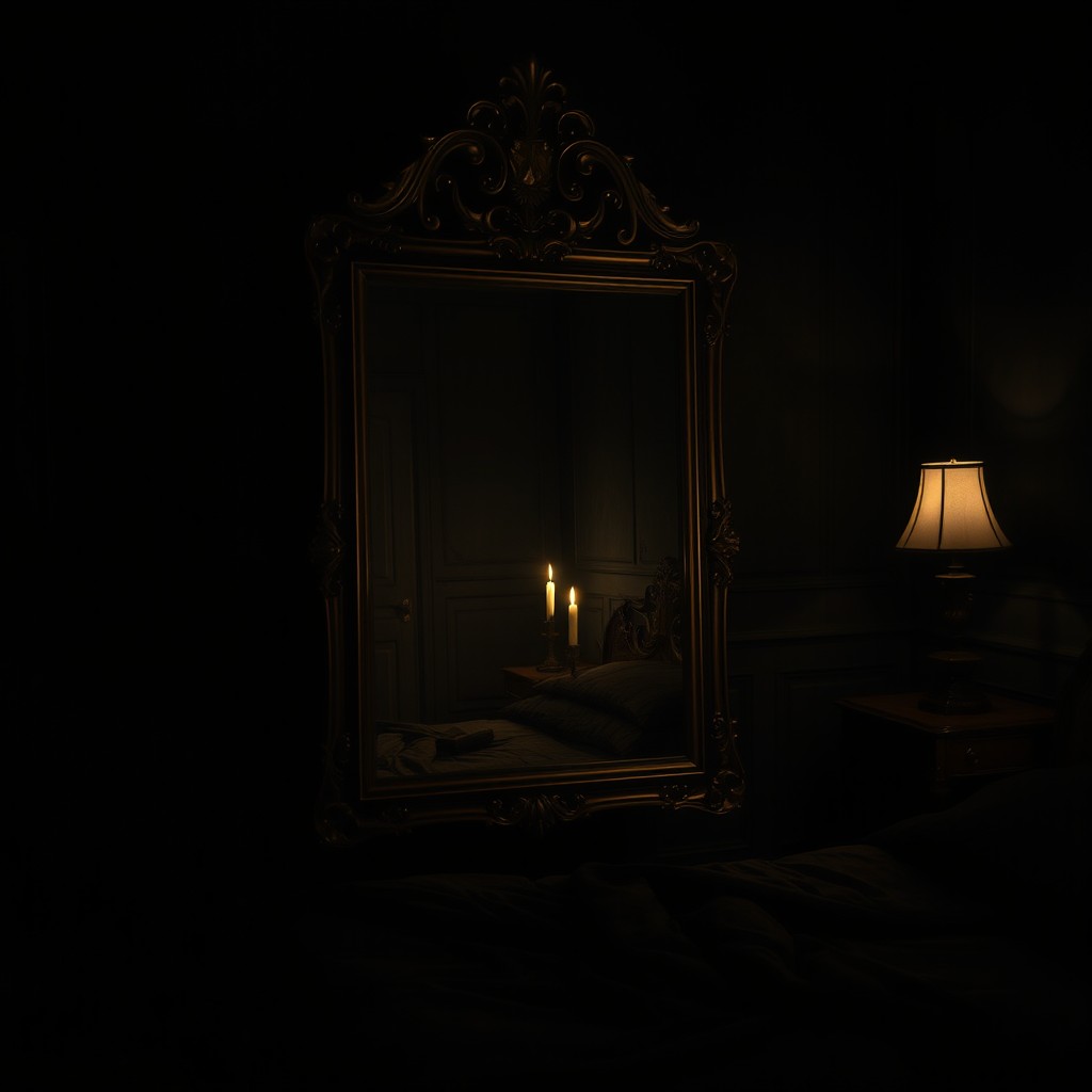 An evocative scene of an old, large mirror situated in a dark bedroom without windows