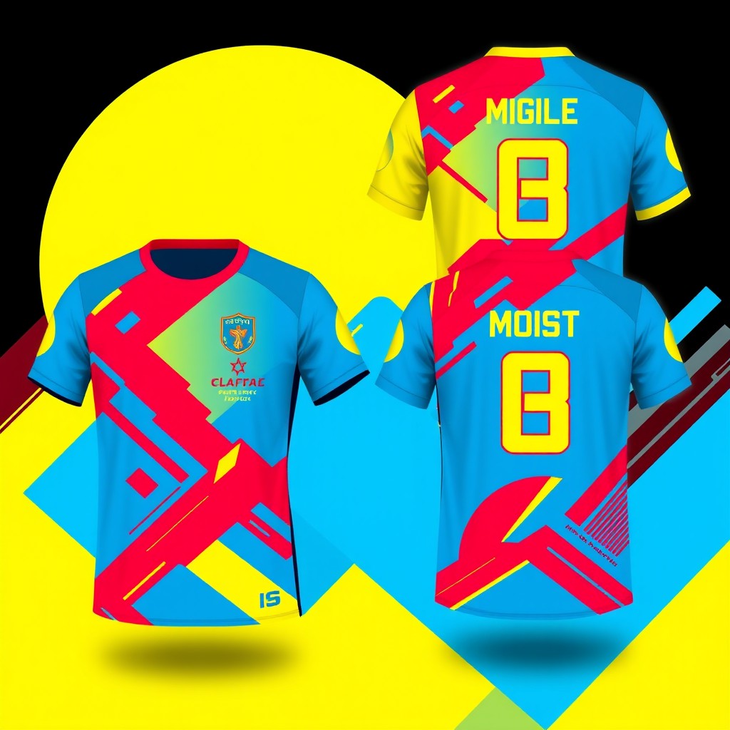 A vibrant and dynamic futsal jersey design featuring a blend of bold colors like electric blue, fiery red, and sunny yellow