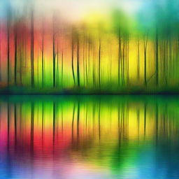 Abstract surreal portrayal of a forest lake at sunrise, tinged with fantastical hues of yellow, green, blue, and red, delivering a dreamlike representation of the dawn