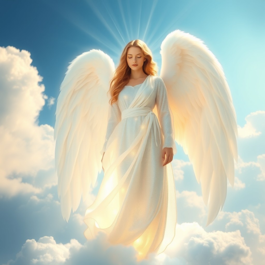A stunning, ethereal angel with large, flowing white wings, dressed in a shimmering robe that glows softly