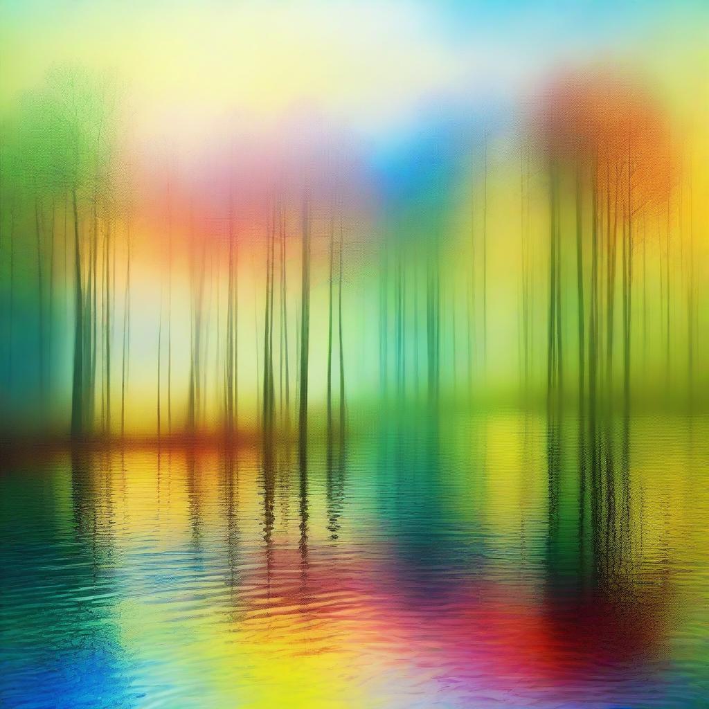 Abstract surreal portrayal of a forest lake at sunrise, tinged with fantastical hues of yellow, green, blue, and red, delivering a dreamlike representation of the dawn