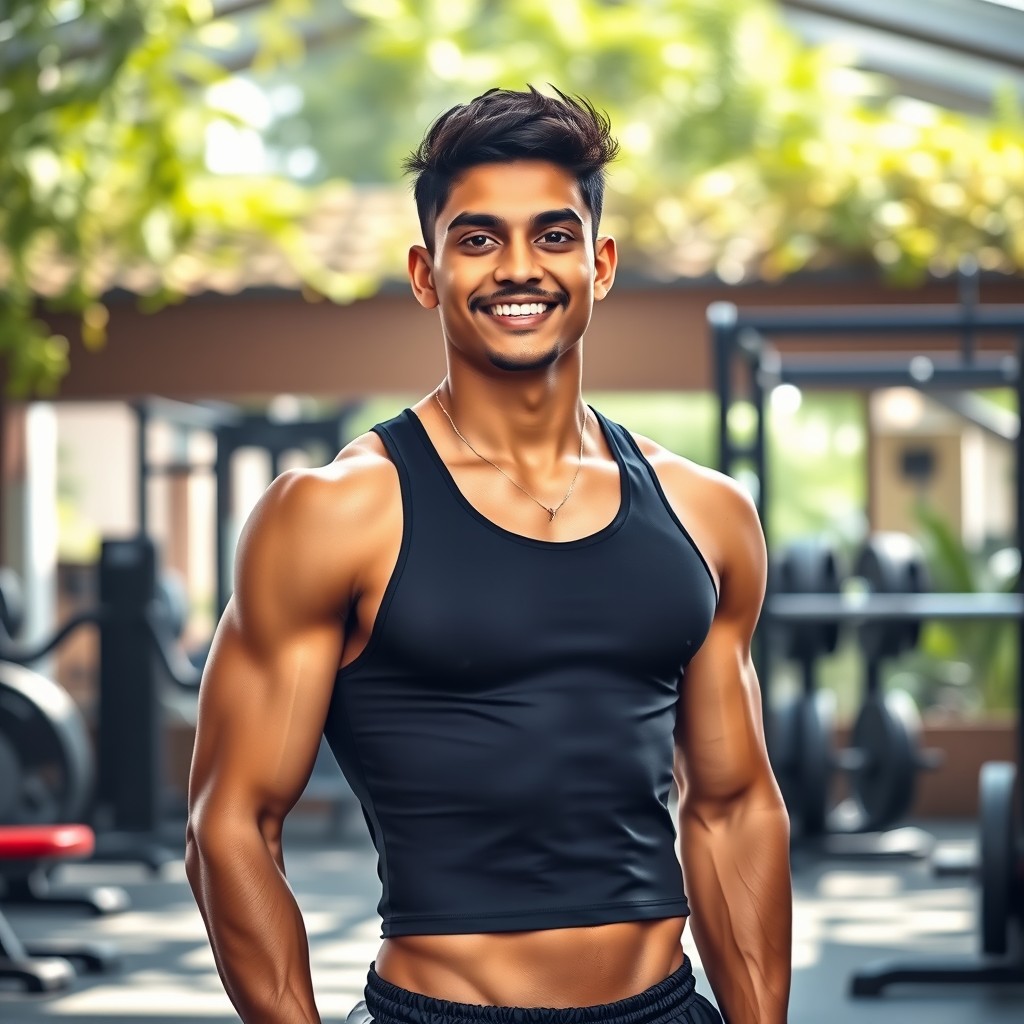 A portrait of a 21-year-old Asian Indian man, standing proudly at 168 cm tall and weighing 70 kg, showcasing his fitness physique
