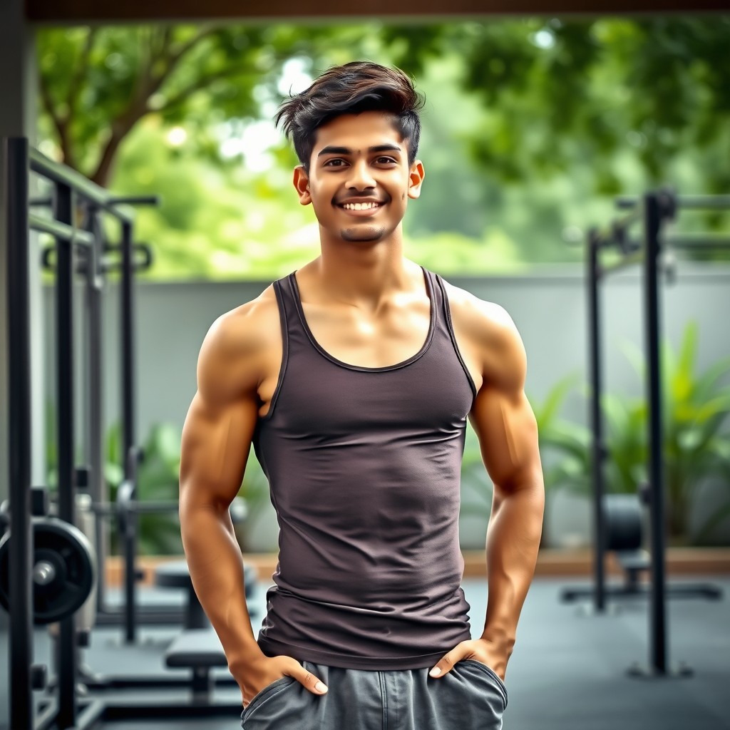 A portrait of a 21-year-old Asian Indian man, standing confidently at 168 cm tall and weighing 60 kg, showcasing his lean fitness physique