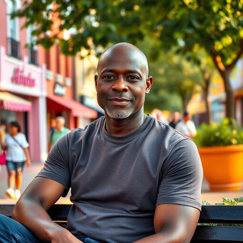 A portrait of a 51-year-old Black man with a shaved head, sitting on a bench in a lively town setting