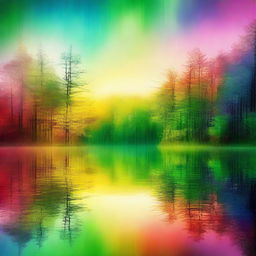 Abstract surreal portrayal of a forest lake at sunrise, tinged with fantastical hues of yellow, green, blue, and red, delivering a dreamlike representation of the dawn