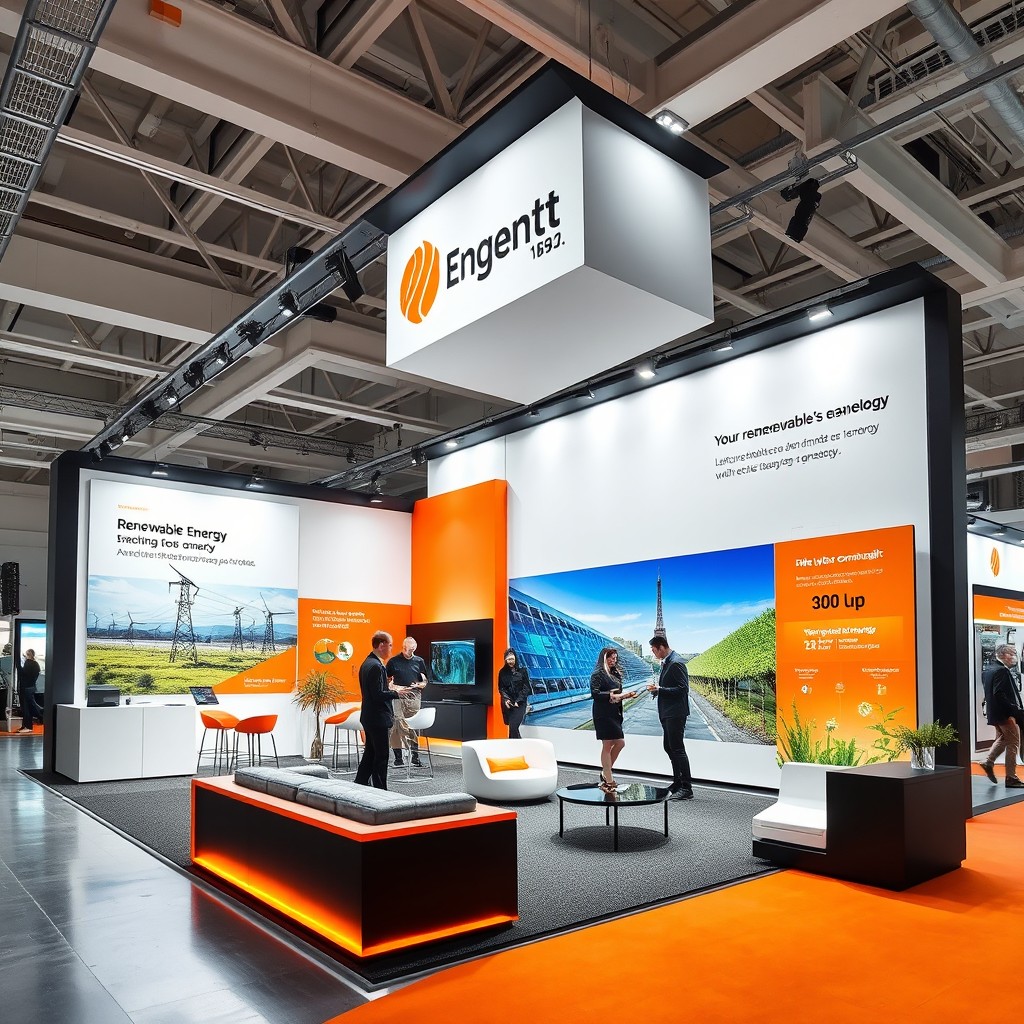 An exhibition stand for an energy company, measuring 12 meters by 8 meters, designed with a modern and innovative aesthetic