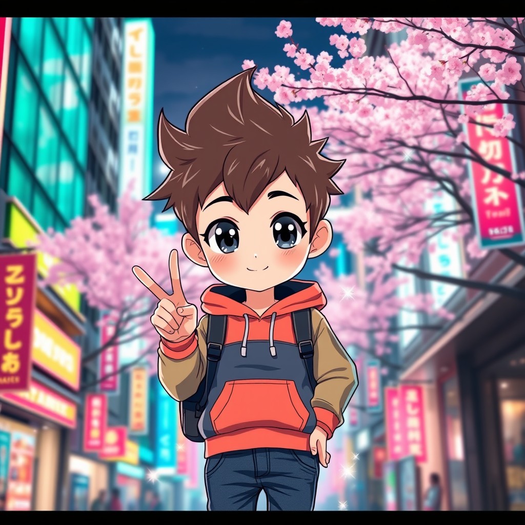 A cute anime boy with big expressive eyes and spiky hair, wearing a stylish outfit made up of a colorful hoodie and jeans