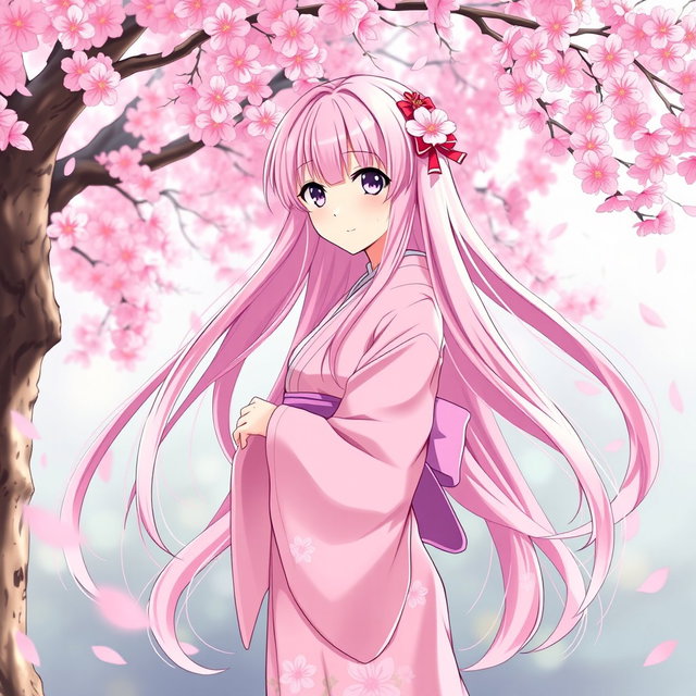 A beautiful anime girl with long, flowing pink hair, wearing a pink kimono that has a delicate floral design, standing elegantly under a cherry blossom tree