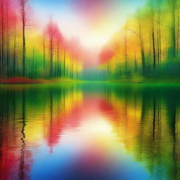 Abstract surreal portrayal of a forest lake at sunrise, tinged with fantastical hues of yellow, green, blue, and red, delivering a dreamlike representation of the dawn