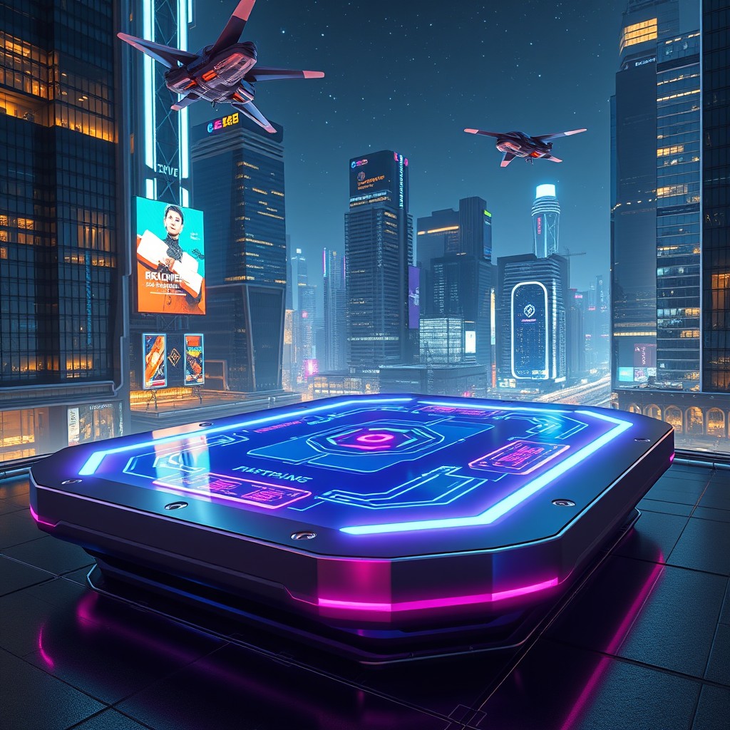 A futuristic jump pad, emitting vibrant neon lights, set in a high-tech urban environment
