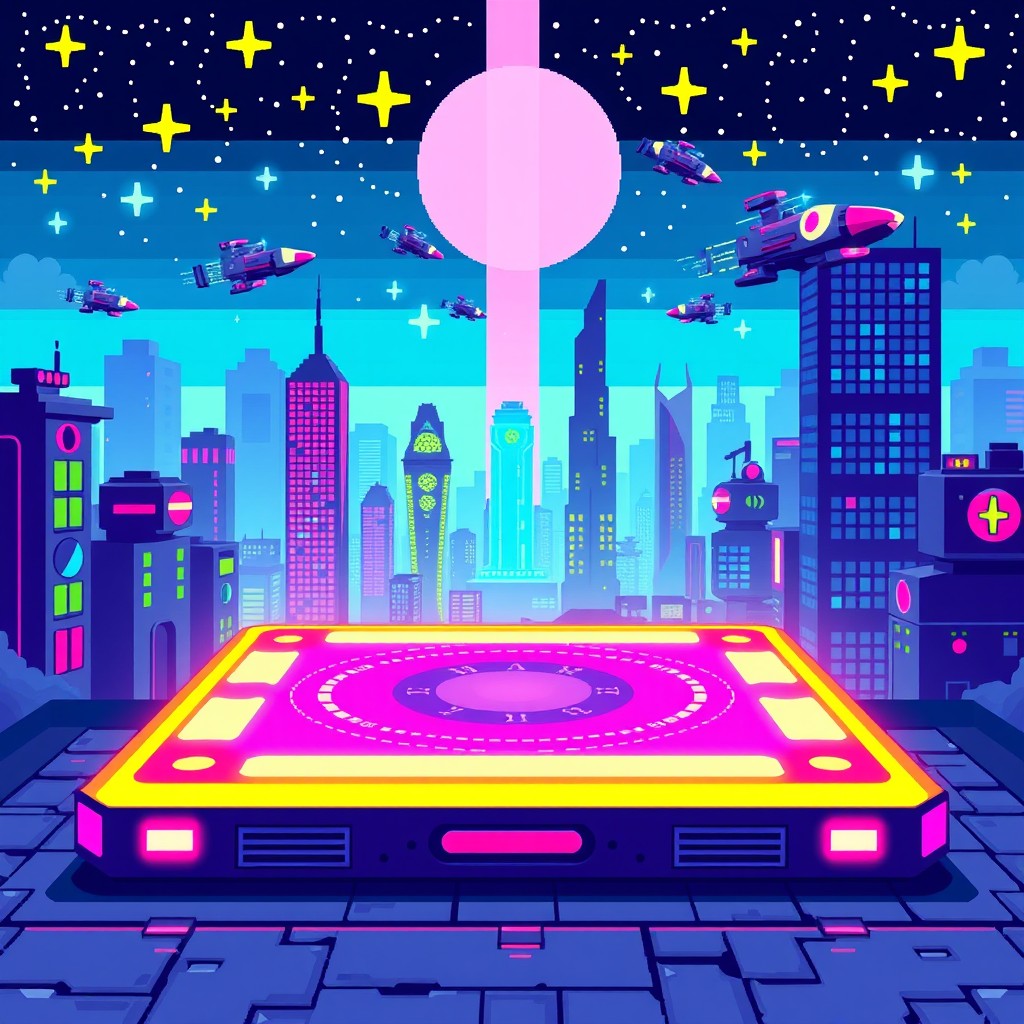 A vibrant pixel art depiction of a futuristic jump pad, featuring colorful, blocky graphics typical of classic video games