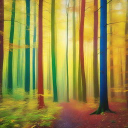 An abstract surreal forest bathing in the light of sunrise, transforming into hues of yellow, green, blue, and red, creating a magical spectacle of nature