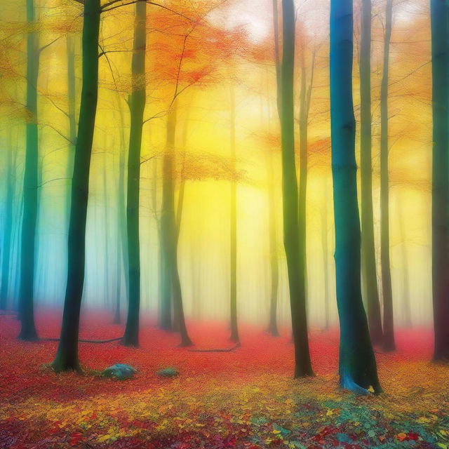 An abstract surreal forest bathing in the light of sunrise, transforming into hues of yellow, green, blue, and red, creating a magical spectacle of nature