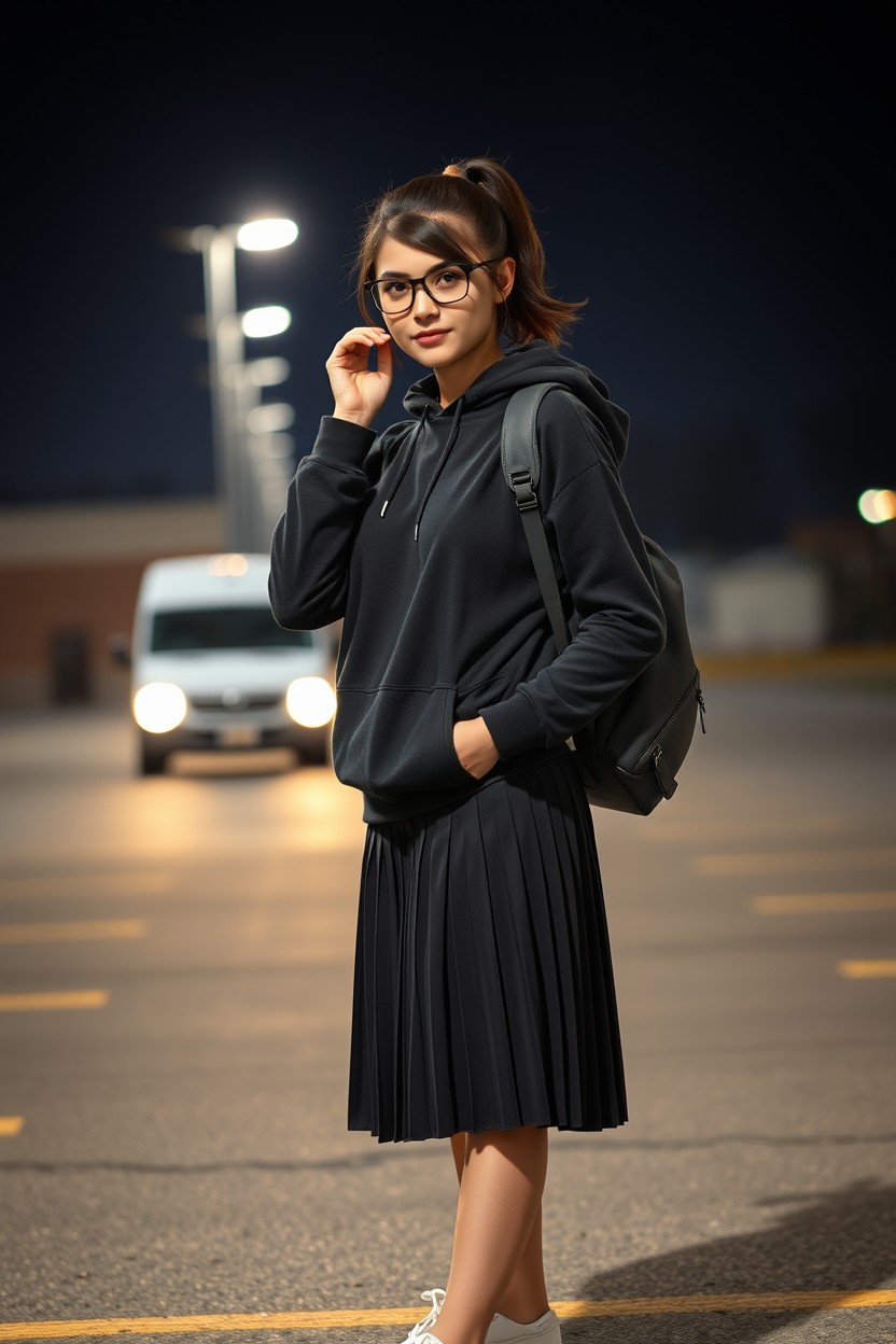 A full body, full-length ultra-realistic cinematic portrait of a smart and slightly intimidating young American woman, 18 years old