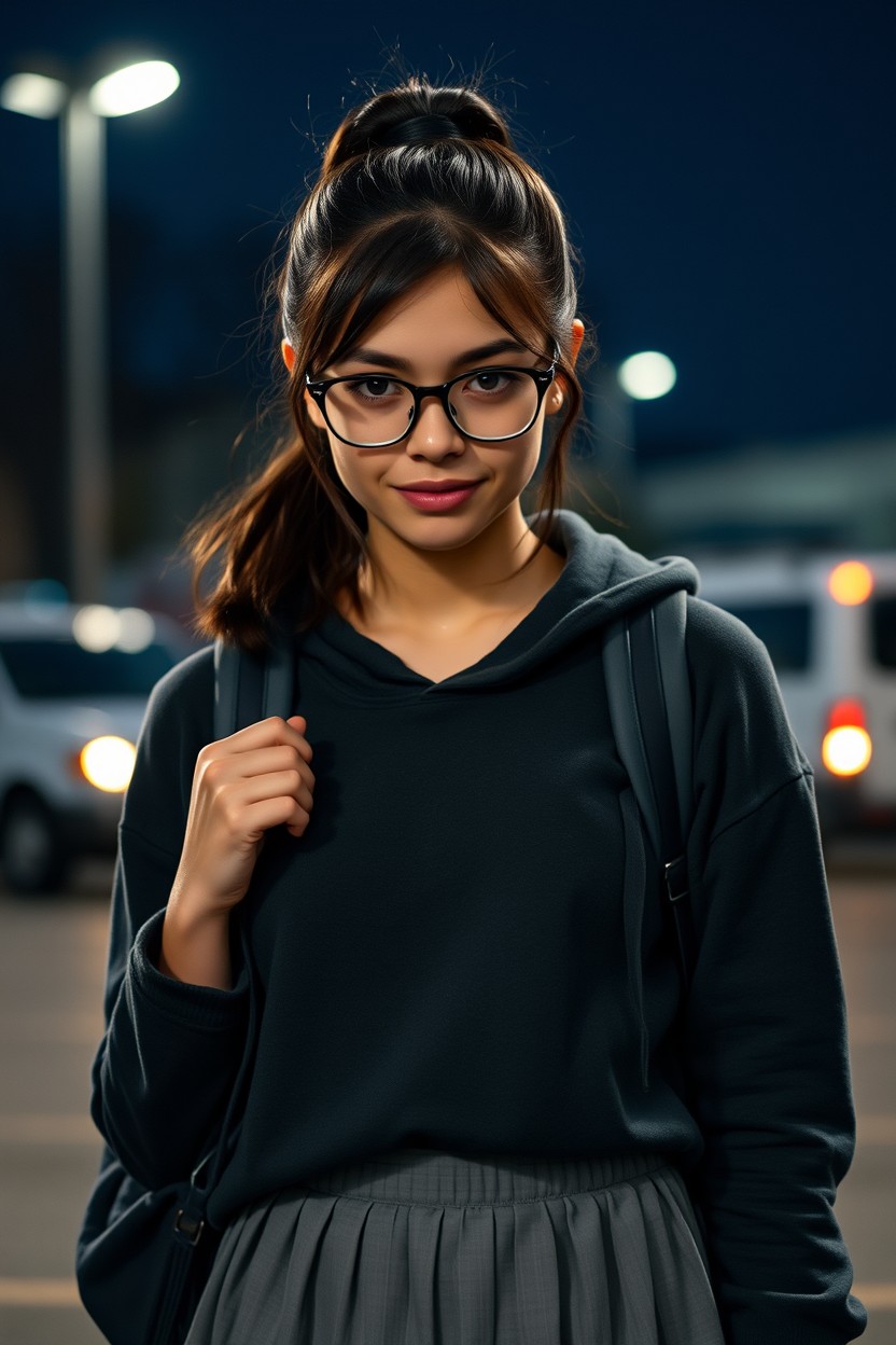 A full body, full-length ultra-realistic cinematic portrait of a smart and slightly intimidating young American woman, 18 years old